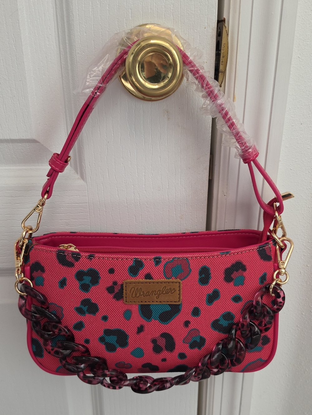 Wrangler Hot Pink Leopard Print Shoulder Bag with Teal Spots